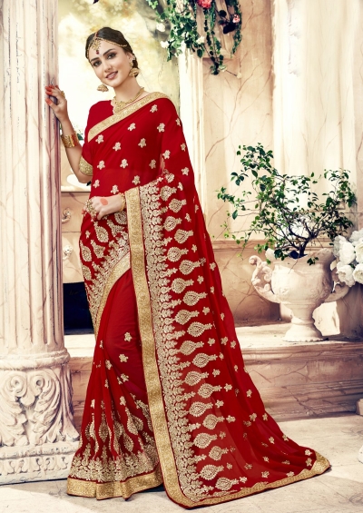 Maroon Georgette Embroidered  Wedding Wear  saree 6803